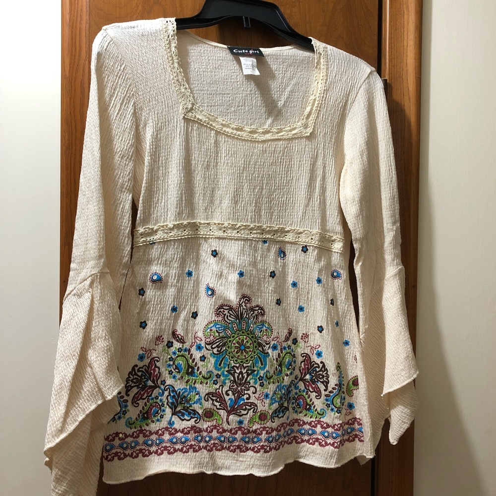 Vintage 1990s Cute Girl sequined bell sleeve paisley crochet boho hippie blouse